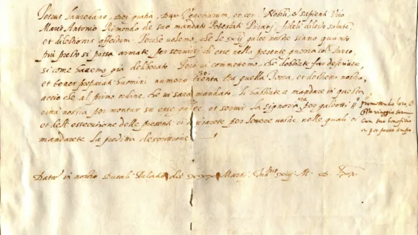 Pismo beneškega doža Pietra Loredana piranskemu podestatu Antoniu Rimondu z dne 30. 3. 1570 o nujni priskrbi tridesetih mož 
s piranskega ozemlja in jih po ukazu čim hitreje poslati v Benetke, kjer se bodo vkrcali na dvanajst galej. 