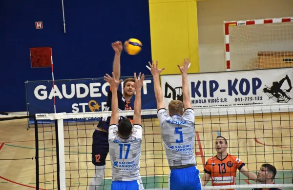 ACH Volley je v ligi prvakov zmagal tudi ob pomoči nekdanjih 
igralcev Salonita Janija Kovačiča (13) in Danijela Koncilje (desno).