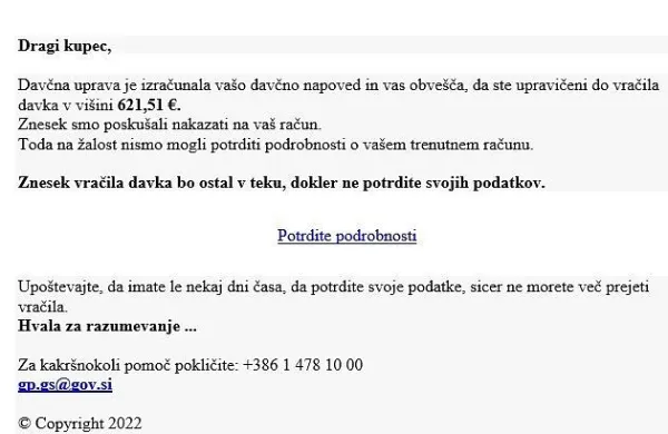 Primer lažnega elektronskega sporočila
