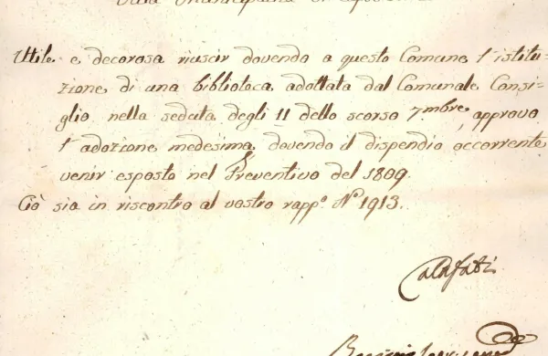 Odsek elektronske različice dokumenta istrskega prefekta Angela Calafatija iz leta 
1808, ko je odobril ustanovitev koprske knjižnice.