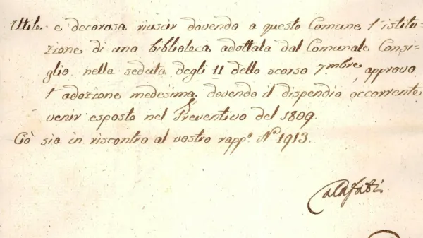 Odsek elektronske različice dokumenta istrskega prefekta Angela Calafatija iz leta 
1808, ko je odobril ustanovitev koprske knjižnice.