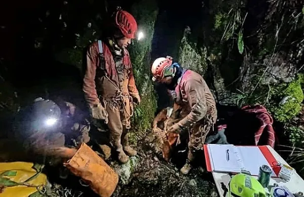 Reševalci hitijo, da bi poškodovano jamarko čim prej prenesli iz 
jame.