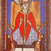 Detajl miniature, na kateri je upodobljen papež Gregor I. V 
njegovih pismih iz leta 599 zasledimo prvo omembo koprske 
škofije z imenom Insula Capritana. 