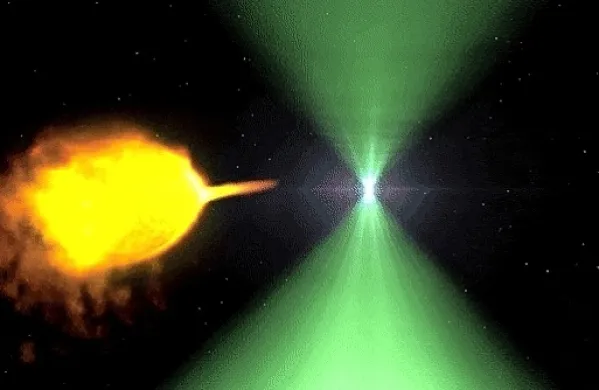  Ilustracija modela pulzarja J1023. Astronomi zaznajo pulze v 
radijskem spektru (zelena), ko visoko-energijski izbruh pulzarja 
ustavi prenos plina iz spremljevalne zvezde. Včasih iz tega plina 
nastane svetel disk okoli pulzarja, ki lahko obstaja več let. Disk 
močno sveti v rentgenski svetlobi, plin, ki doseže nevtronsko 
zvezdo, pa ustvarja curke, ki oddajajo sevanje gama (vijolična), 
kar zakrije pulze, dokler se disk sčasoma ne razprši. 