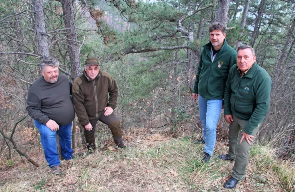 Bojan Švab (levo), Mladen Miklavčič (drugi z leve), Boris Cunja 
(desno) in Fabio Steffe (skrajno desno) na robu strme brežine, s 
katerega so prvi trije v nedeljo rešili življenje 73-letni voznici.