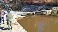 Smrdeča gmota gnojnice je včeraj dosegla   jez  pri    Cenetovem  
mlinu pod vasjo Hrašče.     