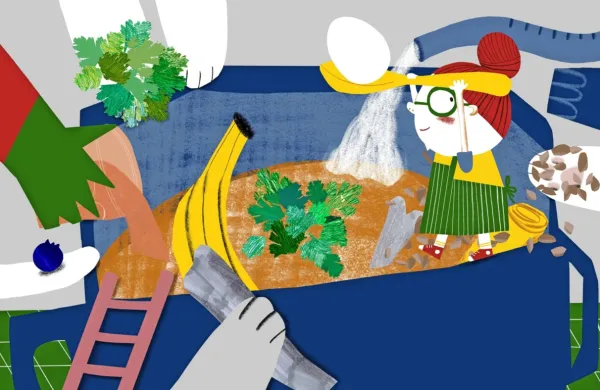 Ilustracija Ane Maraž iz knjige Protideževna juha Majde Koren, s 
katerimi nas bo primorska ilustratorka zastopala na Bolonjskem 
sejmu knjig za otroke. 