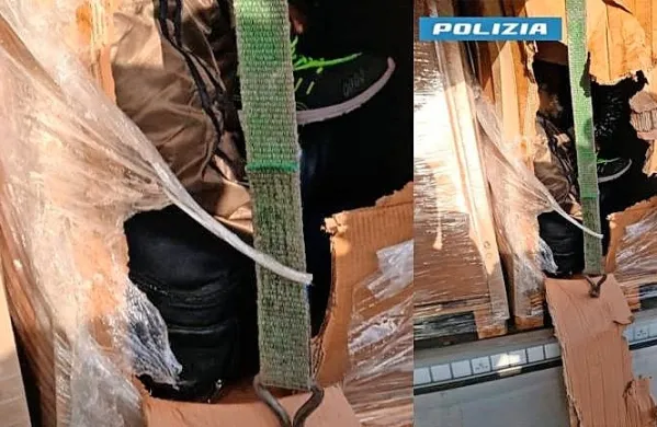 V tovornem delu so policisti našli pet ljudi, skritih v kartonastih 
škatlah.