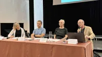 O neustreznosti določil zakona o gostinstvu so v dvorani sv. 
Frančiška govorili (z leve) Doris Božič, predstavnica sobodajalcev 
iz Kopra, Uroš Buda (Zavod za gostoljubnost slovenskih domov), 
Katja Rezman (Združenje sobodajalcev) in Gregor Majnik 
(Združenje lastnikov nepremičnin).
