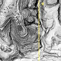 Nasprotje med značilnim mozaičnim prepletom obdelovalnih 
površin v sožitju z naravnimi danostmi (A) ter izbrisano identiteto 
kulturne krajine zaradi agromelioracijskih ukrepov (B), prikazano 
z Ortofoto ter Lidar posnetkom (GisKD pregledovalnik).