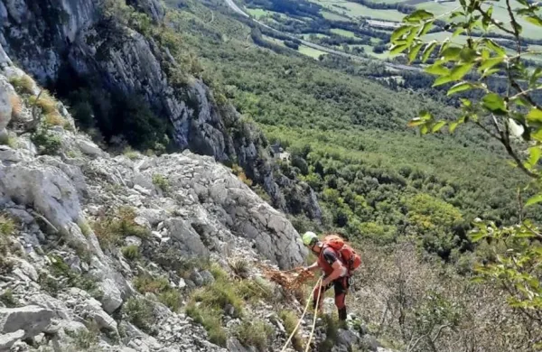 Gorski  reševalci  so  soplezalko   z  vrvno  tehniko  varno  pospremili  v  dolino.  