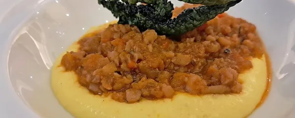 Ragu iz hobotnice na polenti in ocvrt listnati ohrovt za hrustljavost