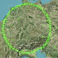 Kolesarski krog Bruna z drevesom: na severu je  označen Leeuwarden, na jugu pa Nova Gorica