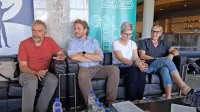 O dveh novih predstavah Dodekalogije 1972-1983 so v SNG Nova 
Gorica spregovorili (z leve): Tomi Janežič, Marko Bratuš, Mirjam 
Drnovšek in Neda Rusjan Bric.   