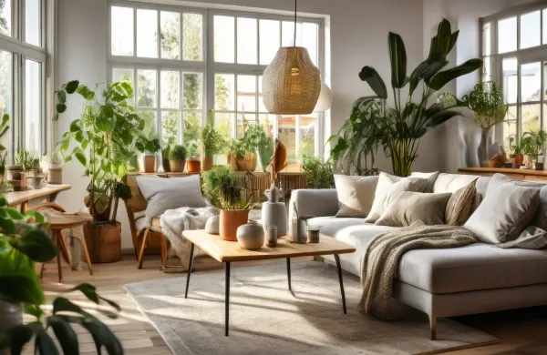 Urban jungle in living room interior. Scandinavian and boho style cozy living room interior with many natural potted plants. Writing desk and chair in room with green plants,Image: 865437658, License: Royalty-free, Restrictions:, Model Release: no, Credit line: Olga Sergeeva/Panthermedia/Profimedia