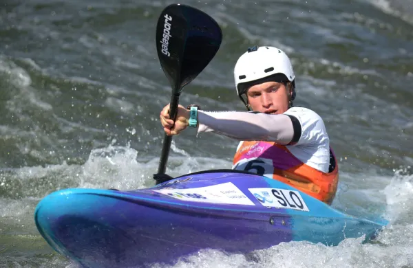 Ziga Lin Hocevar of Slovenia seen in action at the Men's Kayak Cross Individual event during the 2025 ICF Canoe Kayak Slalom World Championship held at Penrith Whitewater Stadium. Hocevar finished with a score of 58.78.,Image: 1041772153, License: Rights-managed, Restrictions: *** World Rights ***, Model Release: no, Credit line: SOPA Images/ddp USA/Profimedia