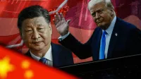 ANKARA, TURKIYE - APRIL 10: In this photo illustration portraits of US President Donald Trump and Chinese President Xi Jinping are displayed on computer screen as Chinese flag is seen in Ankara, Turkiye on April 10, 2025. Dilara Irem Sancar/Anadolu,Image: 985939100, License: Rights-managed, Restrictions:, Model Release: no, Credit line: Dilara Irem Sancar/AFP/Profimedia