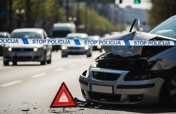 prometna nesreča, policijski trak, po&scaron;kodovan avto, opozorilni trikotnik