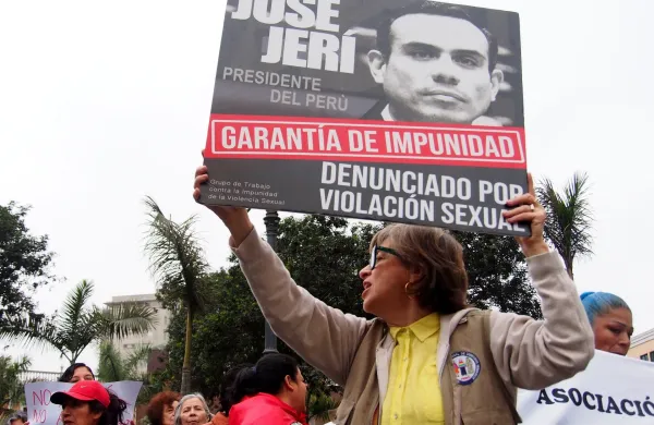''Jose Jeri, reported for rape'' can be read on a sign when thousands of protesters took to the streets of Lima once again against Peru's new president, JosĂ Jeri, who faced rape charges a year ago while a congressman. Jeri assumed the office of President by constitutional succession after Dina Boluarte was removed from office by Congress.Protest Against Peru New President, Lima - 15 Oct 2025,Image: 1045833796, License: Rights-managed, Restrictions:, Model Release: no, Credit line: Carlos Garcia Granthon/ZUMA Press Wire/Shutterstock Editorial/Profimedia