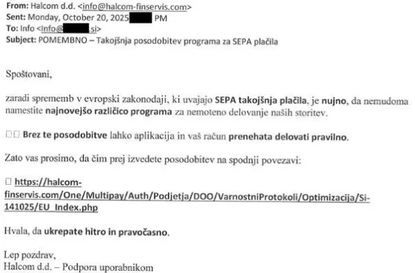 Primer lažne e-po&scaron;te v podjetju Halcom