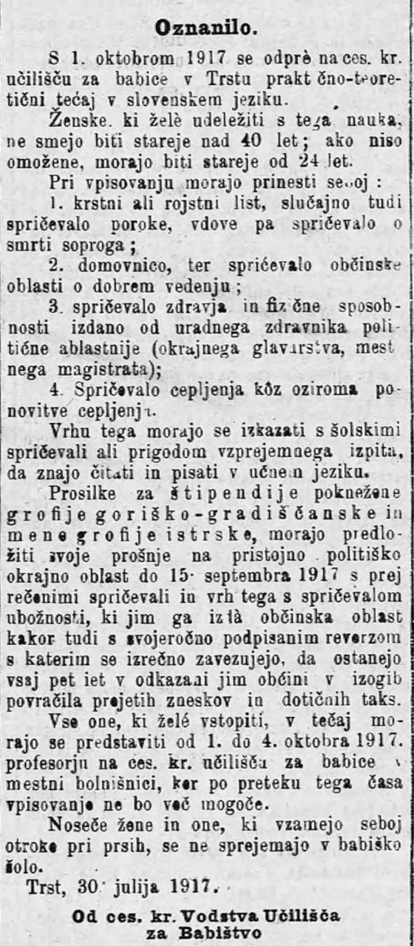 L'osservatore triestino, 1917 - Oznanilo o odprtju praktično-teoretičnega babi&scaron;kega tečaja v slovenskem jeziku. 
