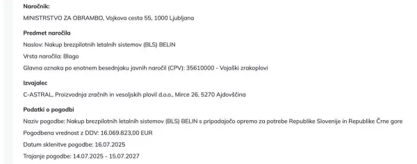 C-Astral je julija letos podpisal pogodbo z ministrstvom za obrambo. 