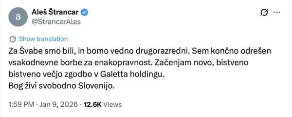 &Scaron;trancar je prej&scaron;nji teden na X oznanil, da ni več direktor ajdovske družbe, ki jo je prodal Nemcem.