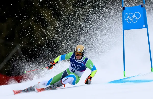 Italija, Bormio.Zimske olimpijske igre 2026.Alpsko smucanje, veleslalom, moski.Slovenski smucar Zan Kranjec med nastopom na prvi progi.