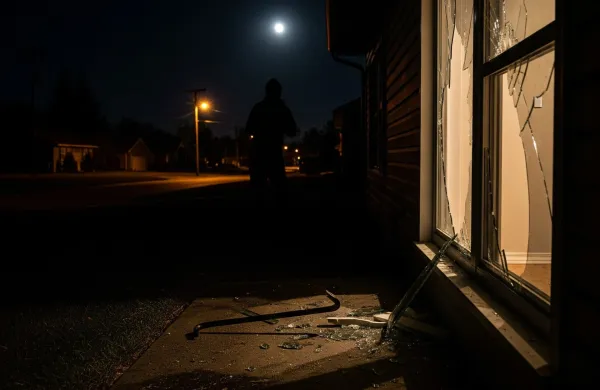 vlom, razbito okno, vzvodno orodje, silhueta ponoči