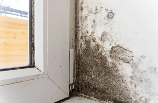 Black fungus on the wall near the plastic window. Mold and fungus destroy the white wall in the house. The wall needs to remove the fungus.