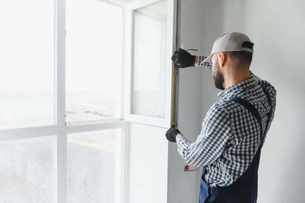 Construction worker installing window in house.