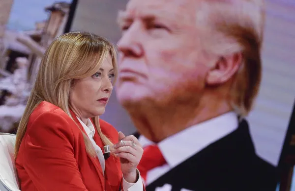 April 14, 2026.War in Iran. US President Dolald Trump against Italian Prime Minister Giorgia Meloni: ''Shocked by Meloni, she doesn't care about Iran.''...Italy, Rome - January 21,, 2026.Italy's Prime Minister Giorgia Meloni, guest at TV talk shows Porta a Porta.American President Donals Trump on the screen,Image: 1090908818, License: Rights-managed, Restrictions: * France, Germany and Italy Rights Out *, Model Release: no, Credit line: Carofei/Fotogramma/Zuma Press/Profimedia