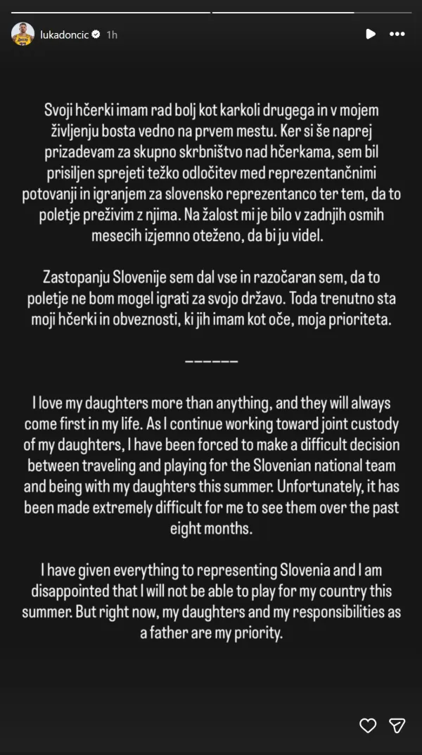 Luka Dončić je na instagramu sporočil, da poleti ne bo igral za slovensko reprezentanco, saj sta hčerki in obveznosti, ki jih ima kot oče, njegova prioriteta.