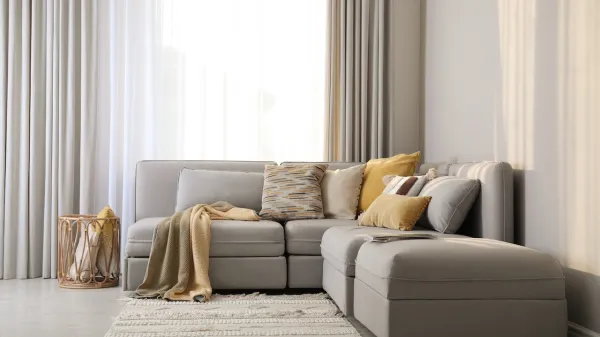 Living room interior with large grey sofa