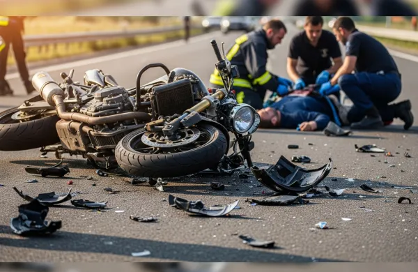 Prometna nesreča z motorjem.Poudarek na previdnosti v prometu.Vključene so posledice nepozornosti ali hitrosti.