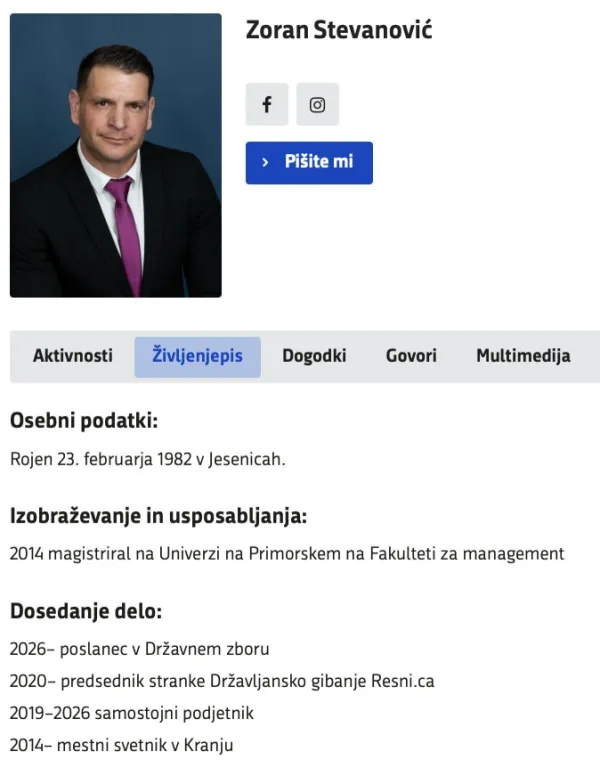 V Stevanovićevem življenjepisu ni ničesar o njegovi poslovni karieri pred letom 2019