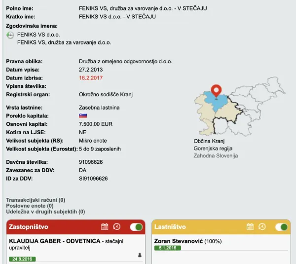 Stevanovićeva družba za varovanje je &scaron;la leta 2016 v stečaj. 