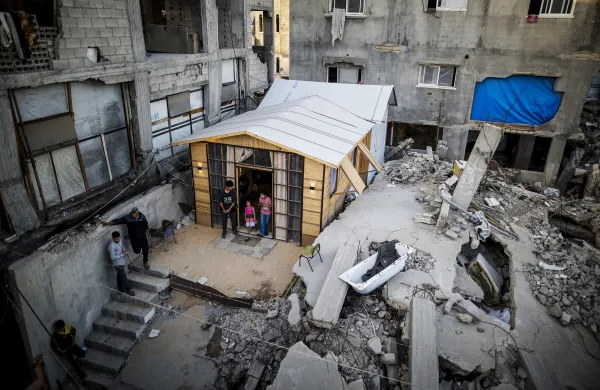 GAZA CITY, GAZA, PALESTINE - MAY 11: 38-year-old Palestinian Ala Jouda, whose home was destroyed in an Israeli attack on the al-Shati Refugee Camp, builds a shelter with his own means on top of the rubble of his former house in Gaza City, Gaza, Palestine on May 11, 2026. Jouda, who previously worked as a contractor and carpenter, now lives with his family in the structure he built using wooden materials recovered from the debris. Saeed M. M. T. Jaras/Anadolu/ABACAPRESS.COM,Image: 1098276646, License: Rights-managed, Restrictions:, Model Release: no, Credit line: AA/ABACA/Abaca Press/Profimedia