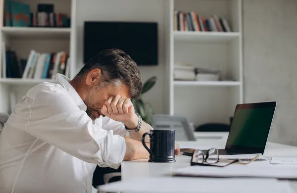 Tired businessman falling asleep during work with documents and laptop in office