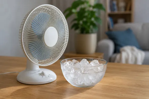 Posoda z ledom pred ventilatorjem ne zniža temperature prostora, lahko pa ustvari prijetnej&scaron;i občutek hlajenja.