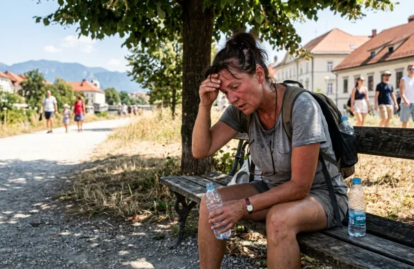 Oseba trpi zaradi vrocine in dehidracije v poletni susi v Sloveniji.
