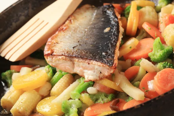 Pan roasted salmon trout fillet and mixed vegetables,Image: 131451559, License: Rights-managed, Restrictions:, Model Release: no, Credit line: -/Digifoodstock/Profimedia