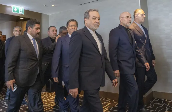 Iran's delegation including Minister of Foreign Affairs of Iran Abbas Araghchi (C) and Speaker of the Islamic Parliament of Iran, Mohammed Bagher Ghalibaf (2ndR) arrive for a quadrilateral meeting between the United States, Iran, Pakistan and Qatar at the Burgenstock luxury hotel complex near Lake Lucerne, Switzerland, on June 21, 2026, as part of talks aimed at advancing a deal to end the Middle East conflict. A new round of negotiations over the Middle East war was set to kick off on June 21, 2026 with Iranian negotiators arriving in the Swiss host city hours ahead of US Vice President JD Vance, even as Tehran said it was closing the Strait of Hormuz again over Israeli attacks in Lebanon.,Image: 1111629800, License: Rights-managed, Restrictions:, Model Release: no, Credit line: URS FLUEELER/AFP/Profimedia