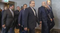 Iran's delegation including Minister of Foreign Affairs of Iran Abbas Araghchi (C) and Speaker of the Islamic Parliament of Iran, Mohammed Bagher Ghalibaf (2ndR) arrive for a quadrilateral meeting between the United States, Iran, Pakistan and Qatar at the Burgenstock luxury hotel complex near Lake Lucerne, Switzerland, on June 21, 2026, as part of talks aimed at advancing a deal to end the Middle East conflict. A new round of negotiations over the Middle East war was set to kick off on June 21, 2026 with Iranian negotiators arriving in the Swiss host city hours ahead of US Vice President JD Vance, even as Tehran said it was closing the Strait of Hormuz again over Israeli attacks in Lebanon.,Image: 1111629800, License: Rights-managed, Restrictions:, Model Release: no, Credit line: URS FLUEELER/AFP/Profimedia