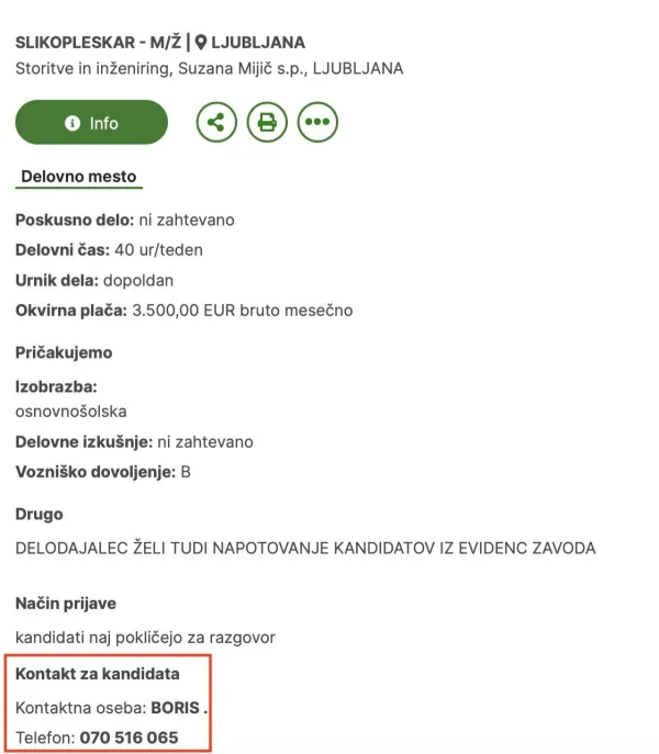 Eden od oglasov za nove zaposlitve. Pri vseh je kot kontaktna oseba naveden Boris in telefonska &scaron;tevilka, na katero se javlja poslanec Boris Mijič