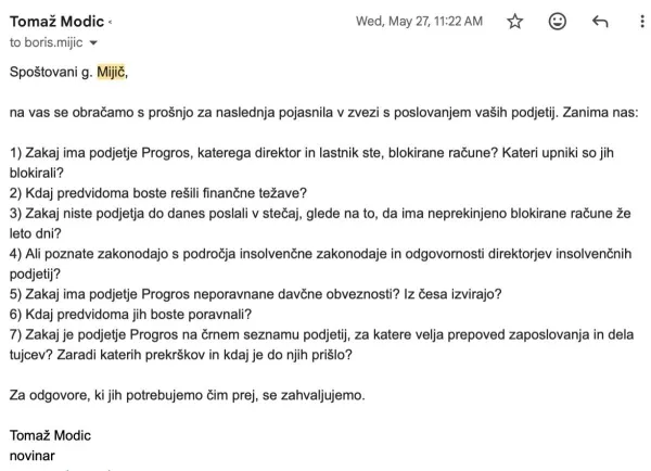 Sklop vpra&scaron;anj, ki smo jih posredovali poslancu Mijiču. 
