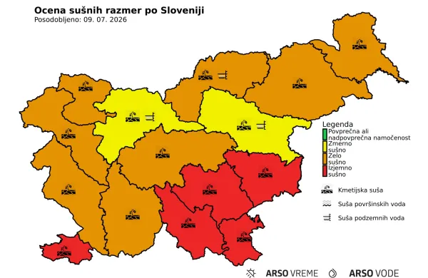 Ocena su&scaron;nih razmer po Sloveniji 9. julija 2026.