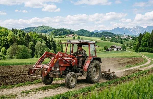 Kmet vozi traktor po slovenskem kmetijskem polju.