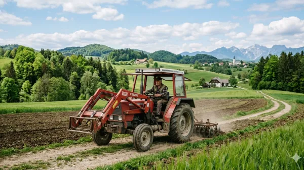 Kmet vozi traktor po slovenskem kmetijskem polju.