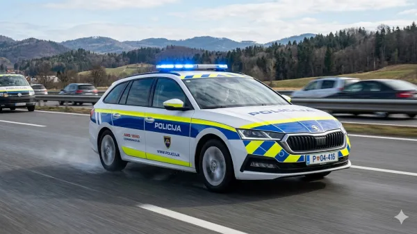 Slovensko policijsko vozilo med intervencijo na cesti.